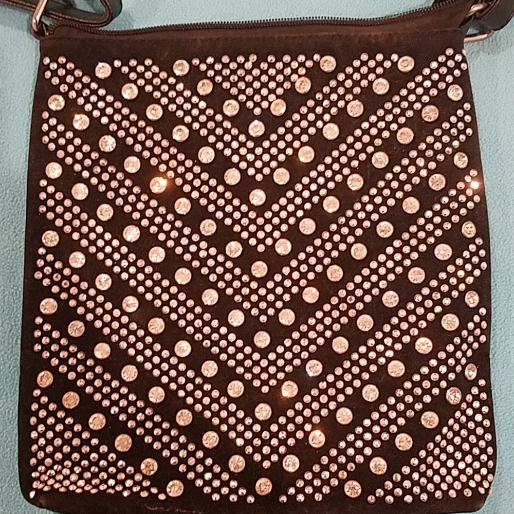 Over the shoulder crystal purse on black suede